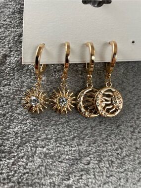 2 Pairs Celestial Earrings Sun And Moon Dangle Stud Sky Night Boho Casual